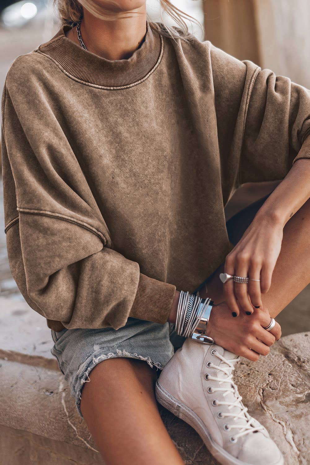 Solid Color Drop Shoulder Crew Neck Pullover Sweatshirt, Feathered Farmhouse