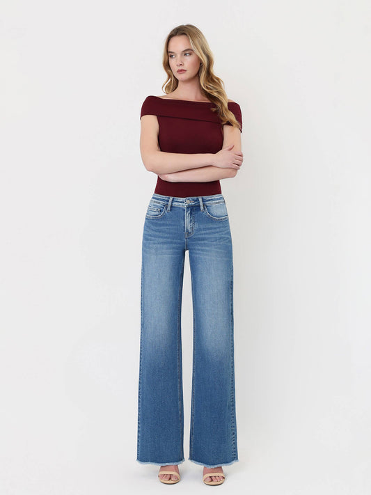 Mid Rise Raw Hem Wide Leg Jeans, Feathered Farmhouse