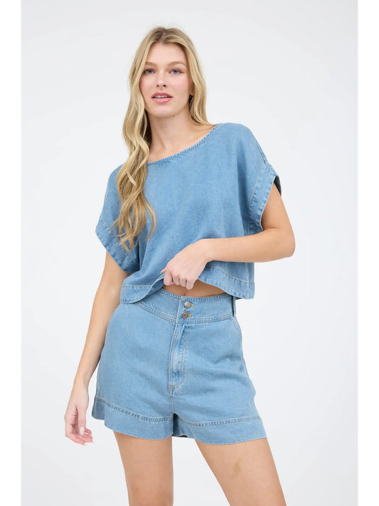 Chambray Boat Neck Short Sleeve Shirt, Feathered Farmhouse
