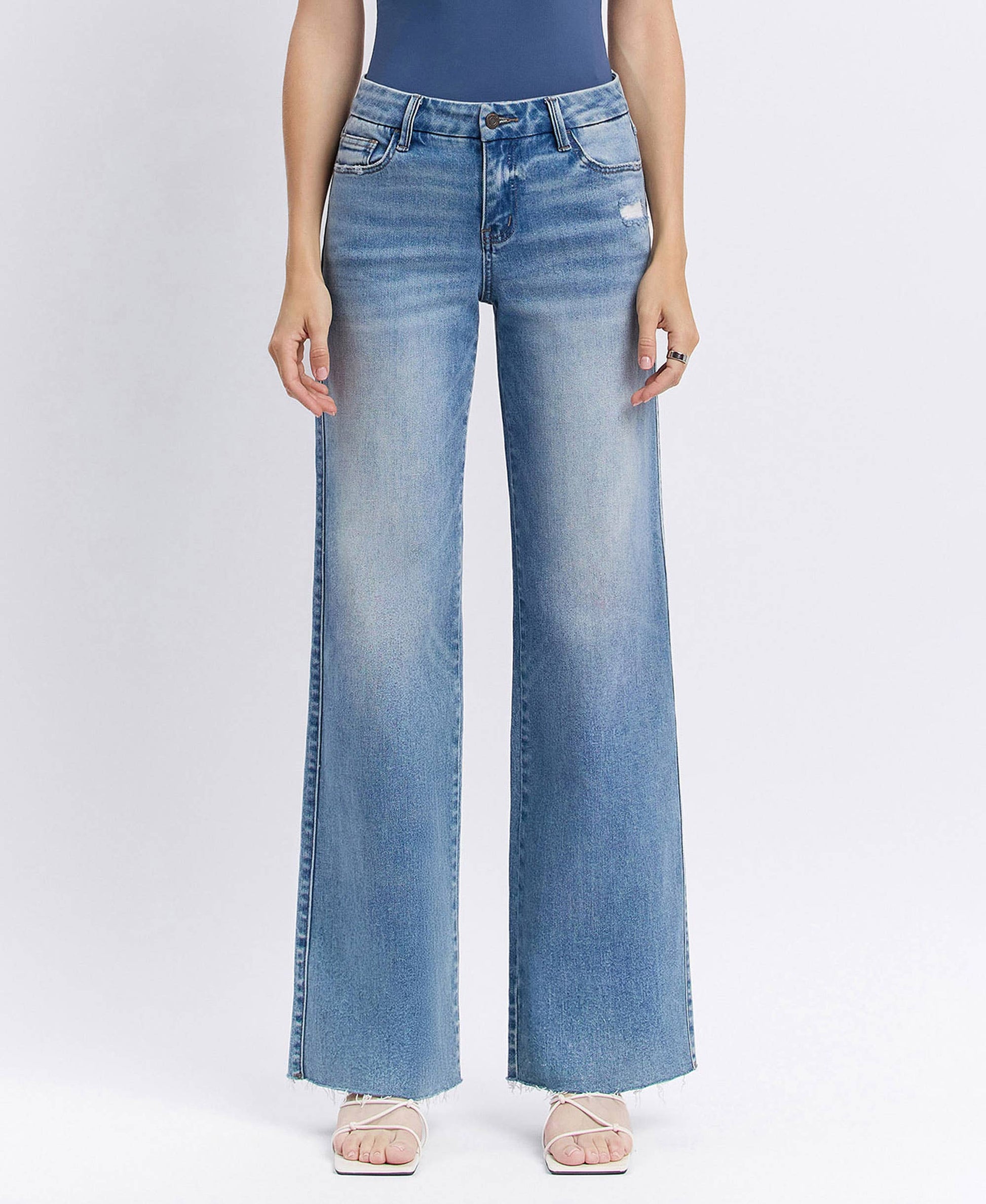 Mid Rise Clean Cut Raw Hem Wide Jeans, Feathered Farmhouse