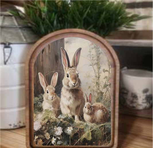 Bunny Trio Framed Art Arch Top, Feathered Farmhouse