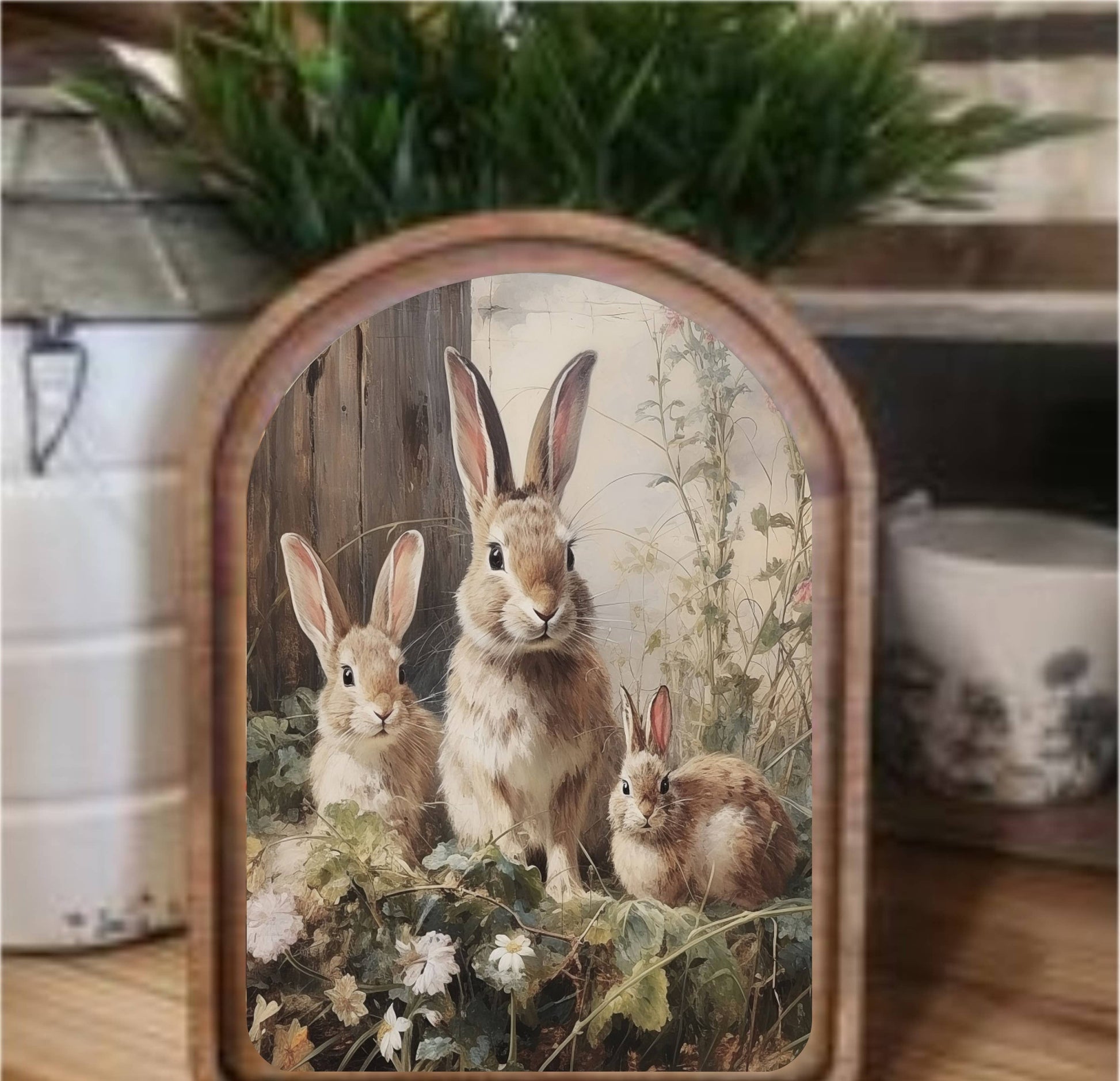 Bunny Trio Framed Arch, Feathered Farmhouse