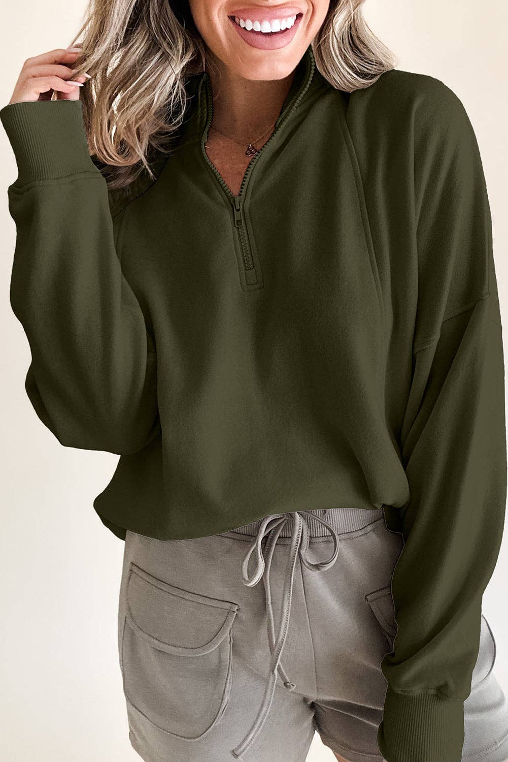 Zipped Neck Pullover Sweatshirt, Feathered Farmhouse