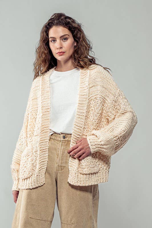 Ivory Two Pouch Crochet Knit Cardigan, Feathered Farmhouse