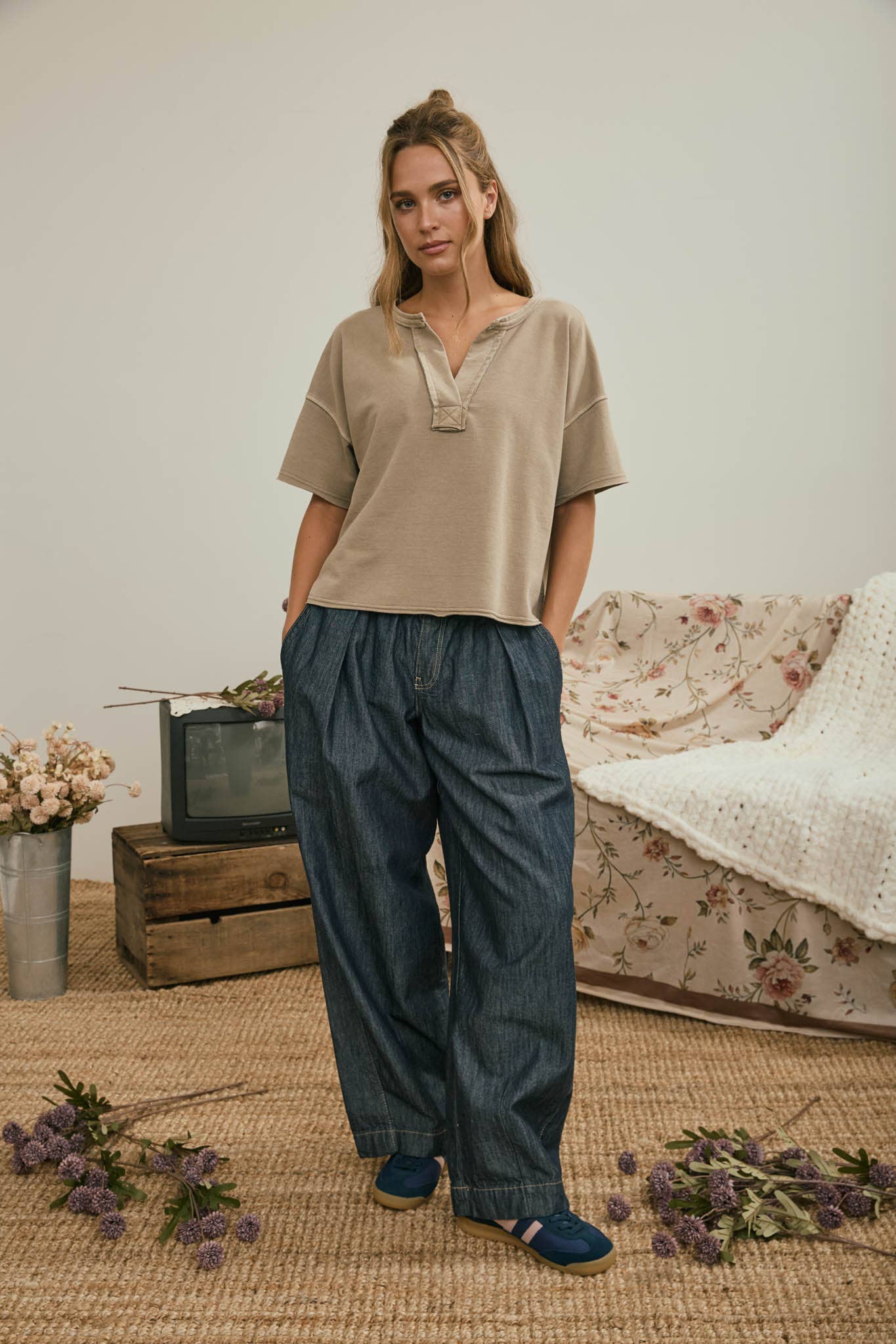 Washed Split Neck Raw Edge Short Sleeve Knit Top, Feathered Farmhouse