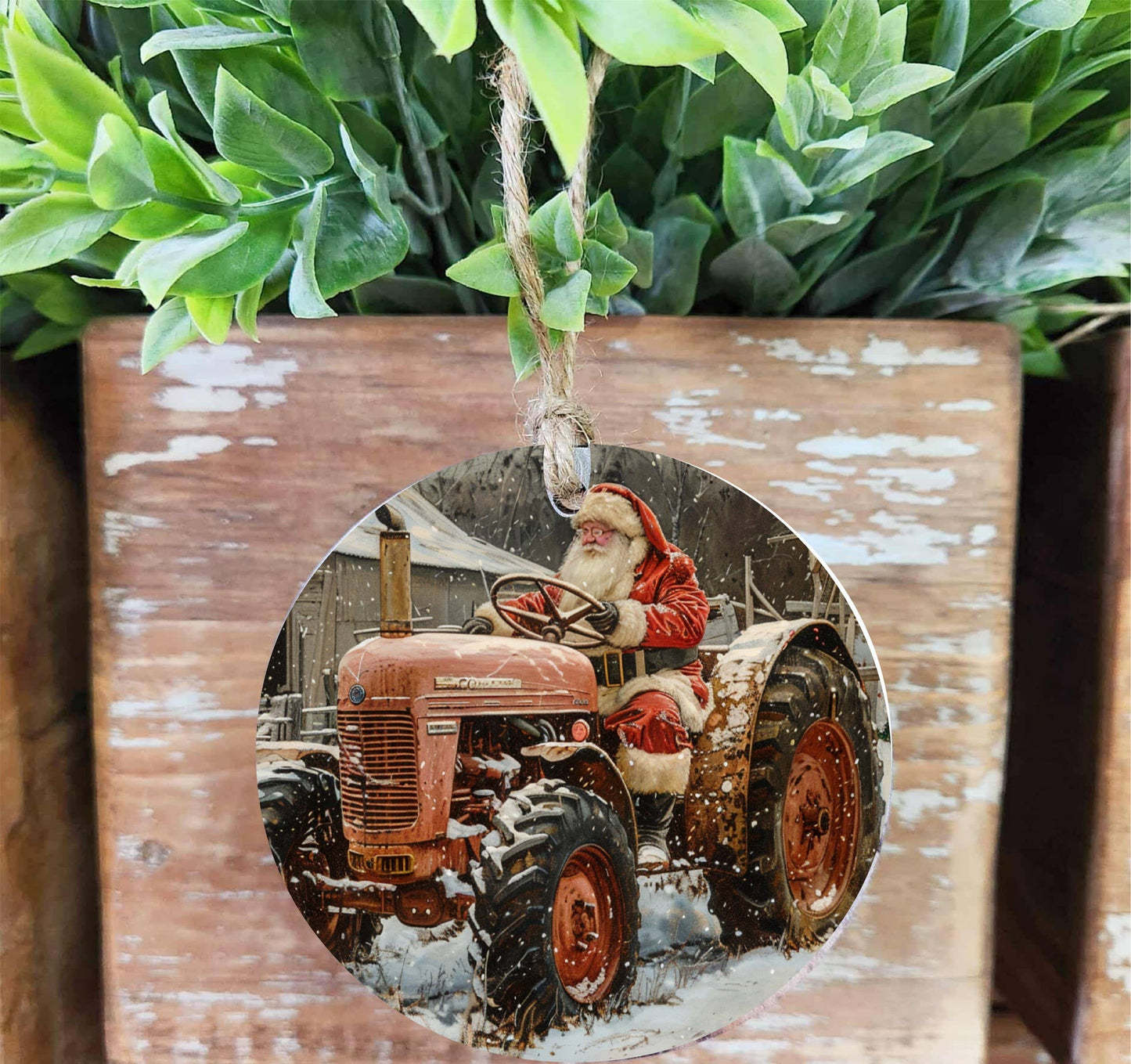 Tractor Santa Wood Ornament, Feathered Farmhouse