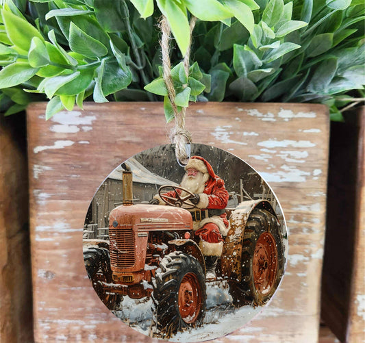 Tractor Santa Wood Ornament, Feathered Farmhouse