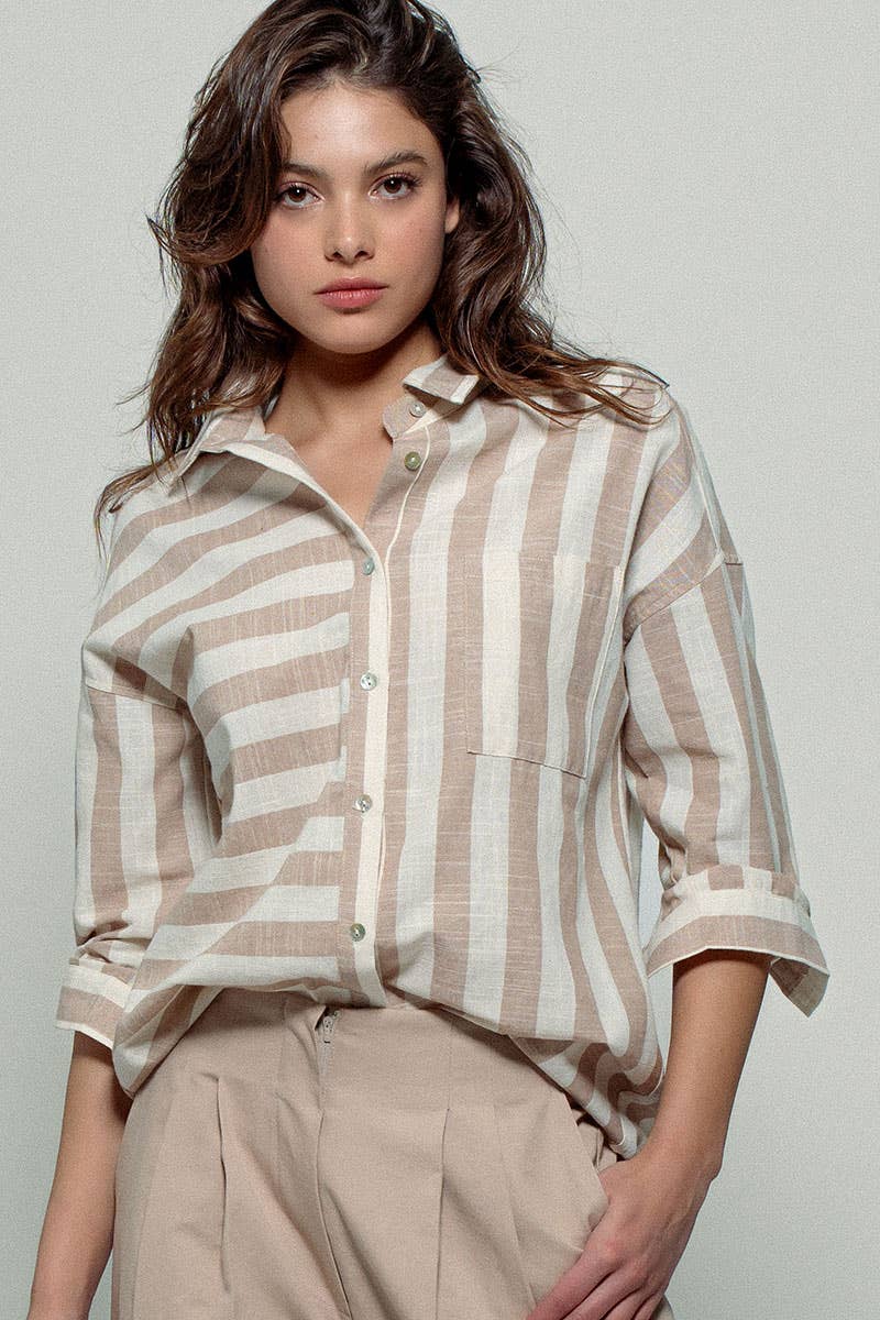 Taupe Striped Button Down Shirt, Feathered Farmhouse