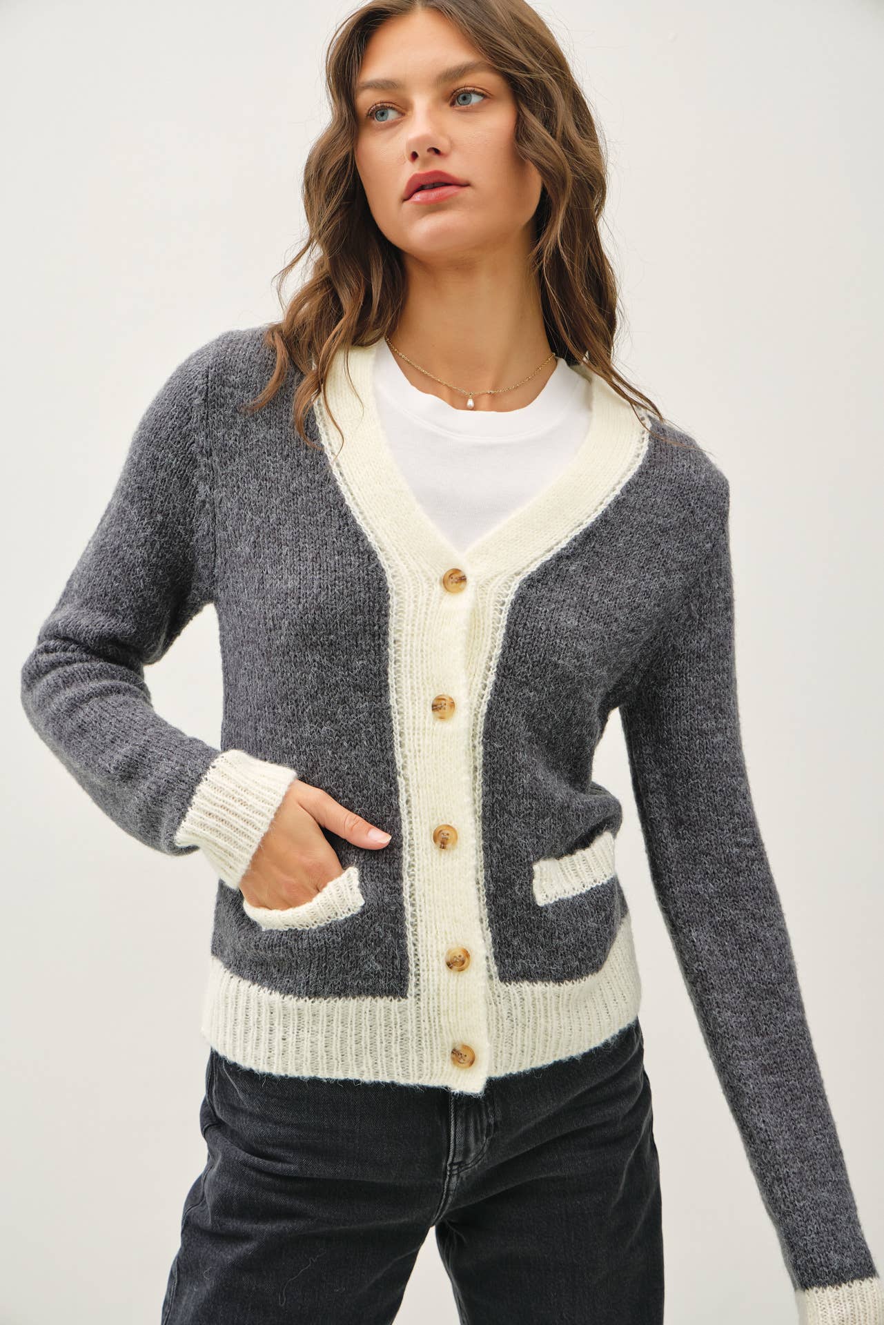 Two Tone Varsity Button Up Cardigan, Feathered Farmhouse