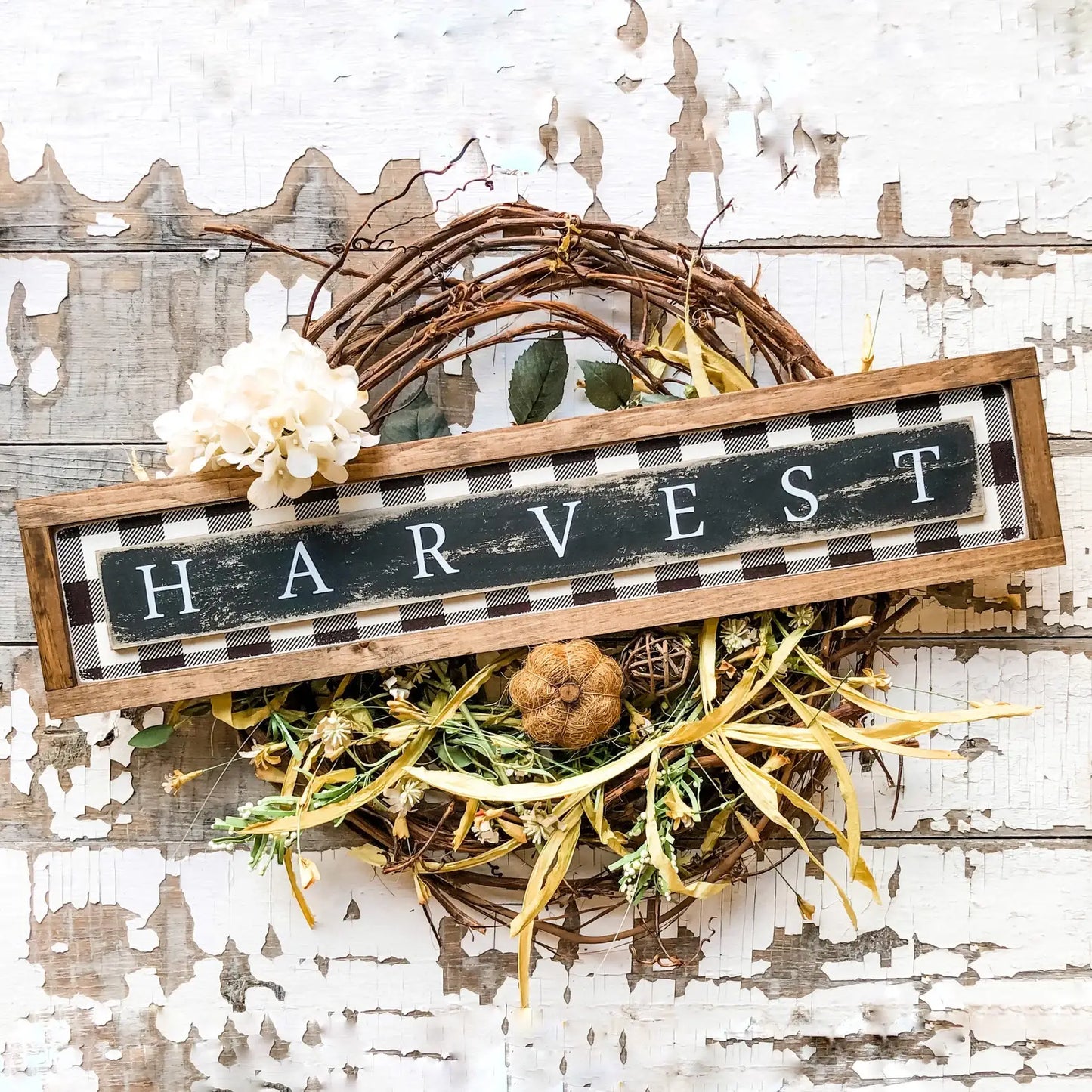Harvest Plaid Background Sign, Feathered Farmhouse