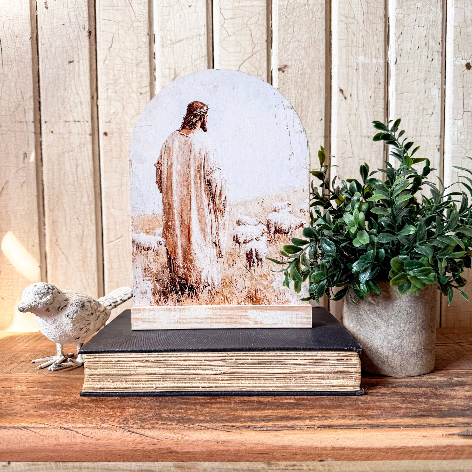 Jesus with Sheep Arched Wood Sign Shelf Sitter, Feathered Farmhouse
