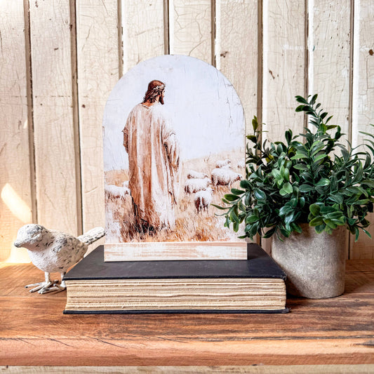 Jesus with Sheep Arched Wood Sign Shelf Sitter, Feathered Farmhouse