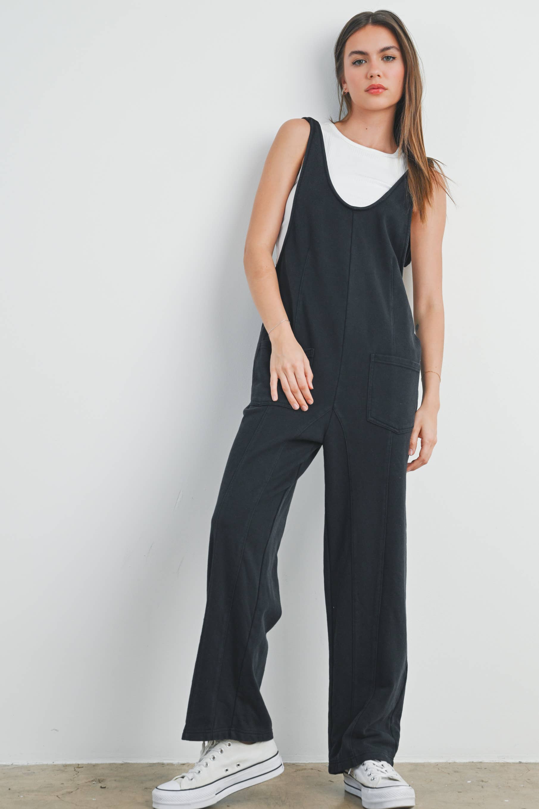 Washed French Terry U Neck Sleeveless Jumpsuit, Feathered Farmhouse