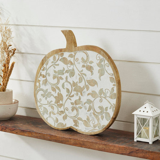White Cottage Wooden Pumpkin, Feathered Farmhouse