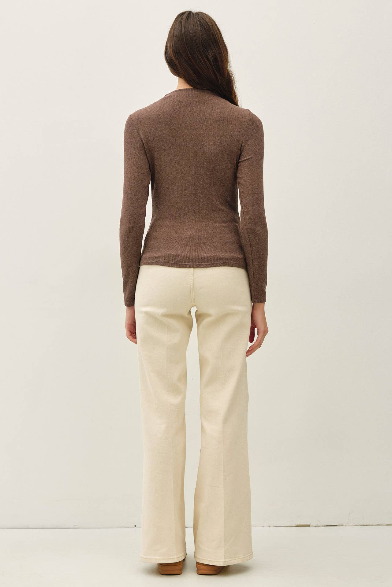 Brown Basic Ribbed Mockneck Knit Top, Feathered Farmhouse