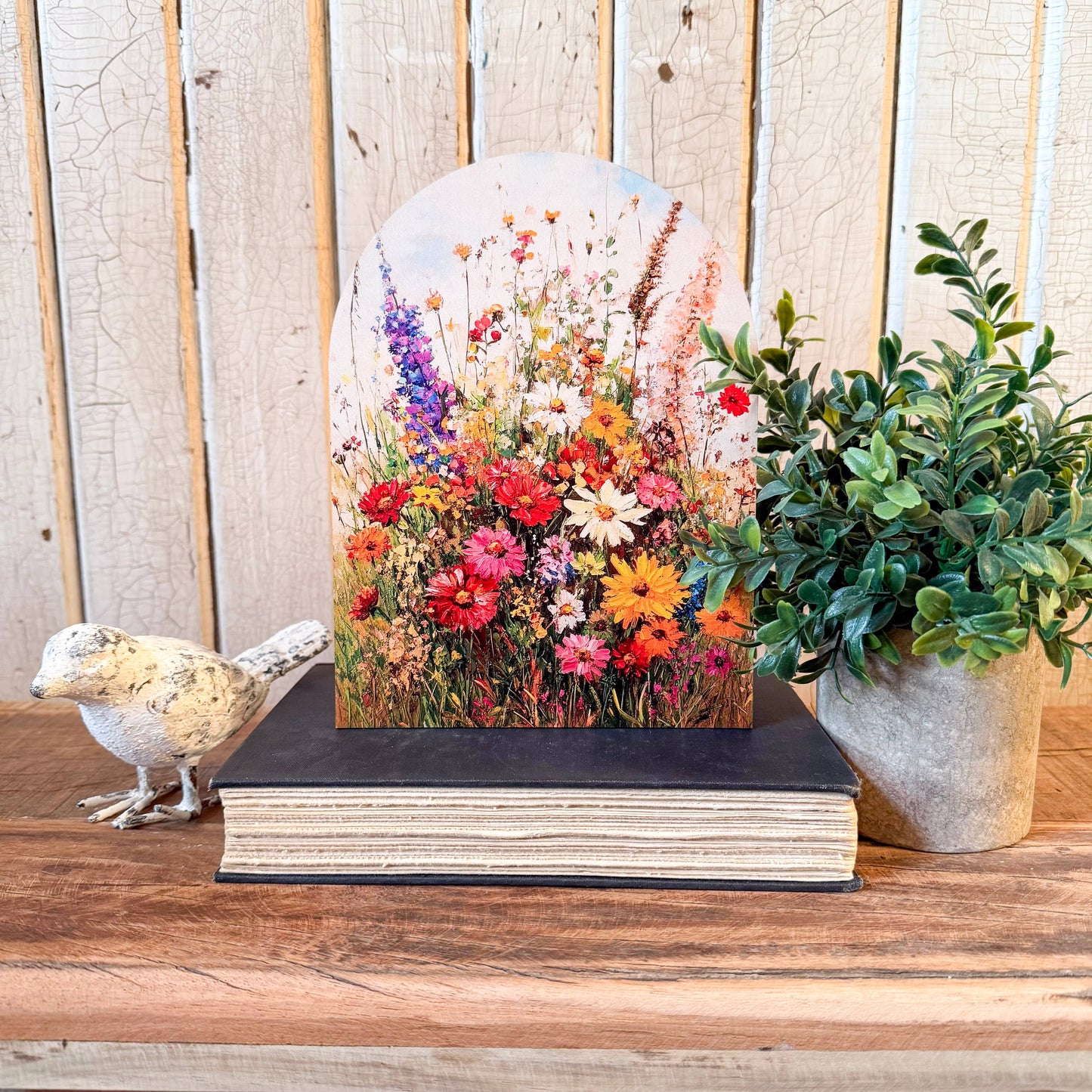 Summer Wildflowers Arched Wood Sign Shelf Sitter, Feathered Farmhouse