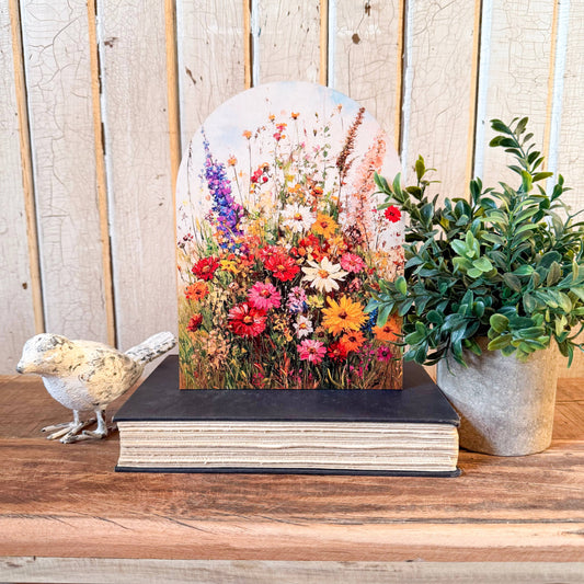 Summer Wildflowers Arched Wood Sign Shelf Sitter, Feathered Farmhouse