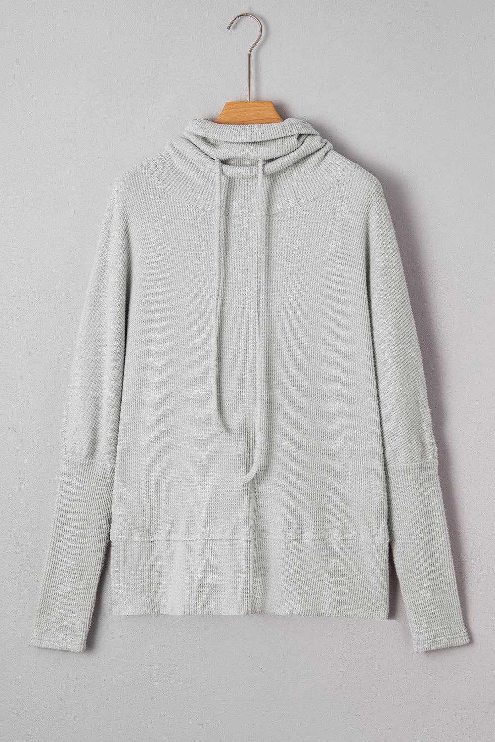 Textured Knit Drawstring Cowl Neck Top, Feathered Farmhouse