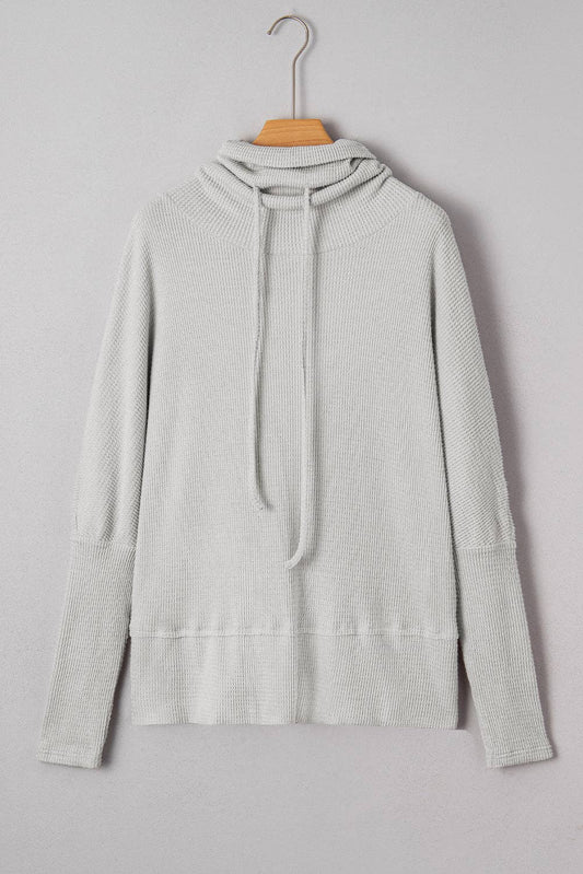 Textured Knit Drawstring Cowl Neck Top, Feathered Farmhouse