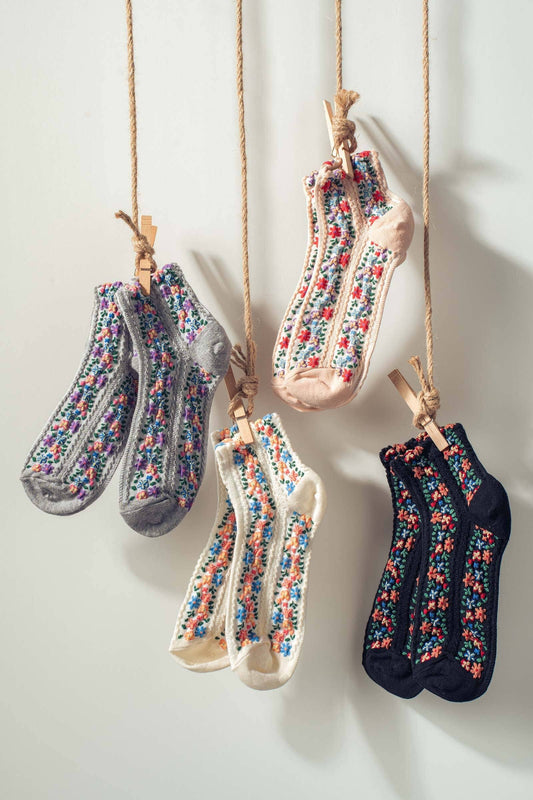 Vintage Floral Embroidered Socks, Feathered Farmhouse