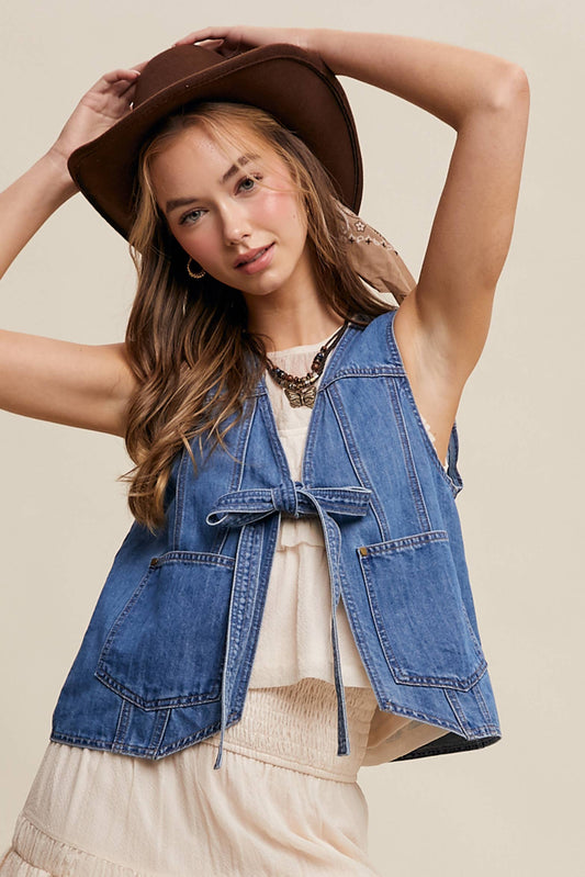 Denim Tie-Front Vest, Feathered Farmhouse