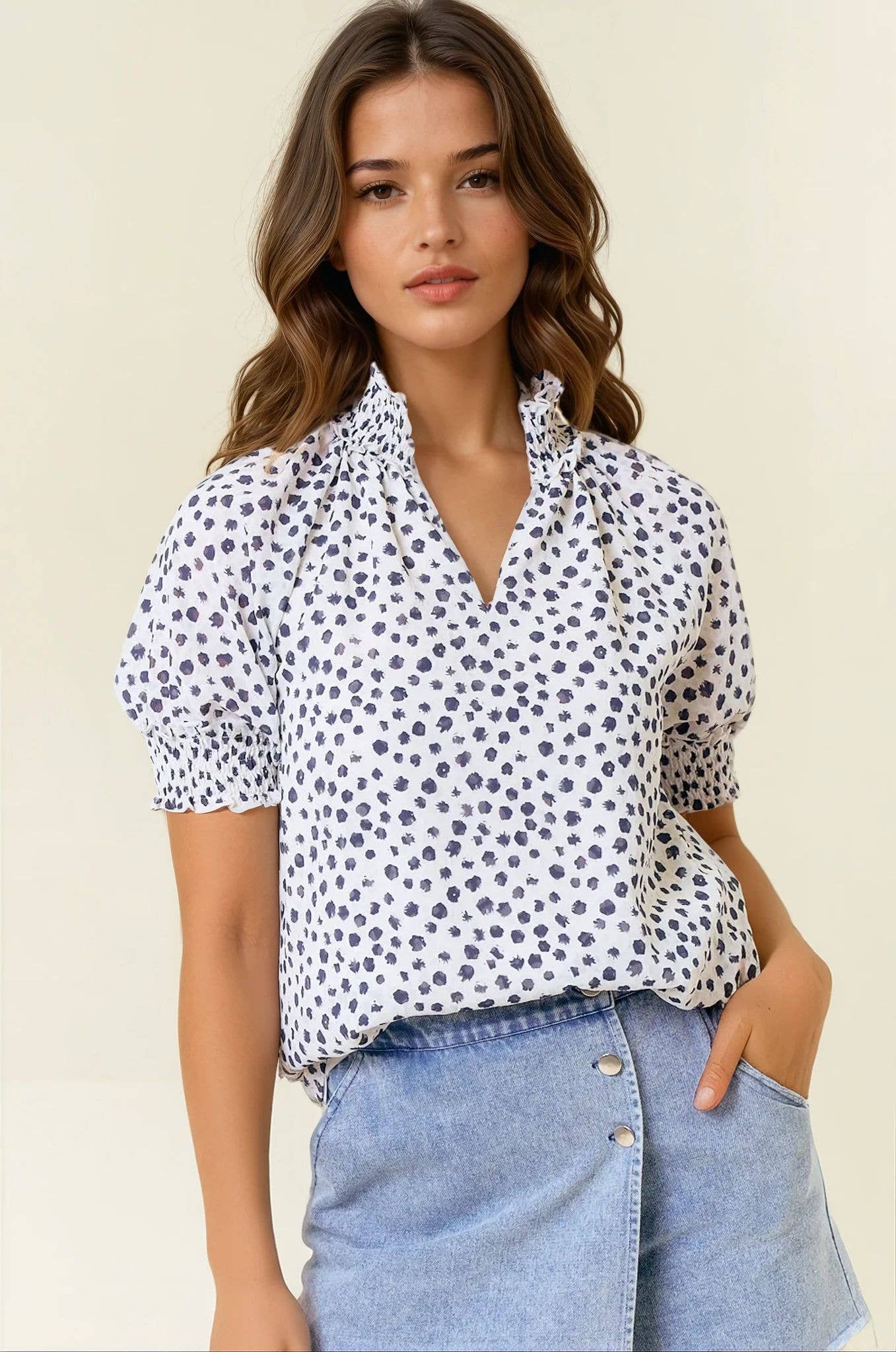 Jacquard Dot Print Short Sleeve Blouse, Feathered Farmhouse