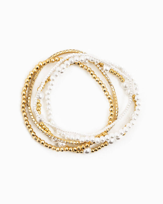 Unique Gold Ball Bead and Pearl Stretch Bracelet Set, Feathered Farmhouse