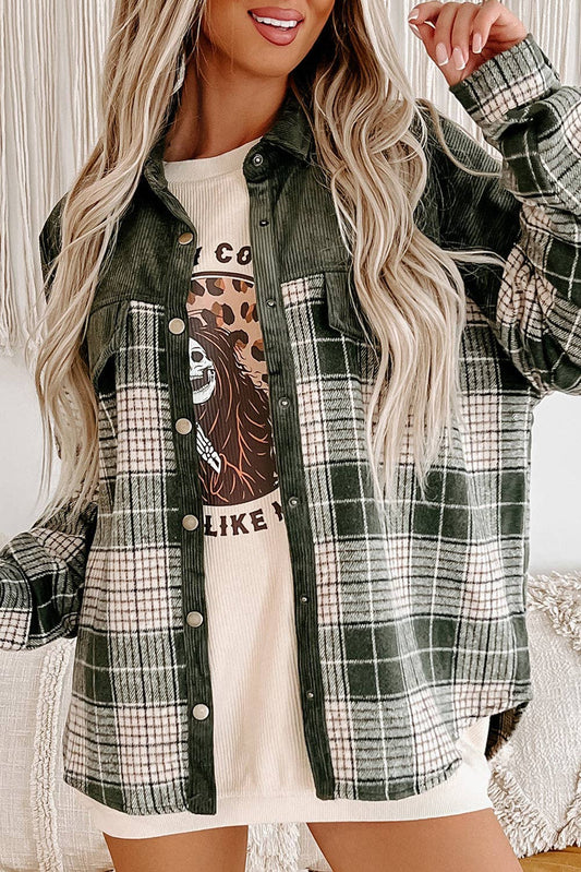 Blackish Green Snap Buttons Colorblock Plaid Shacket, Feathered Farmhouse
