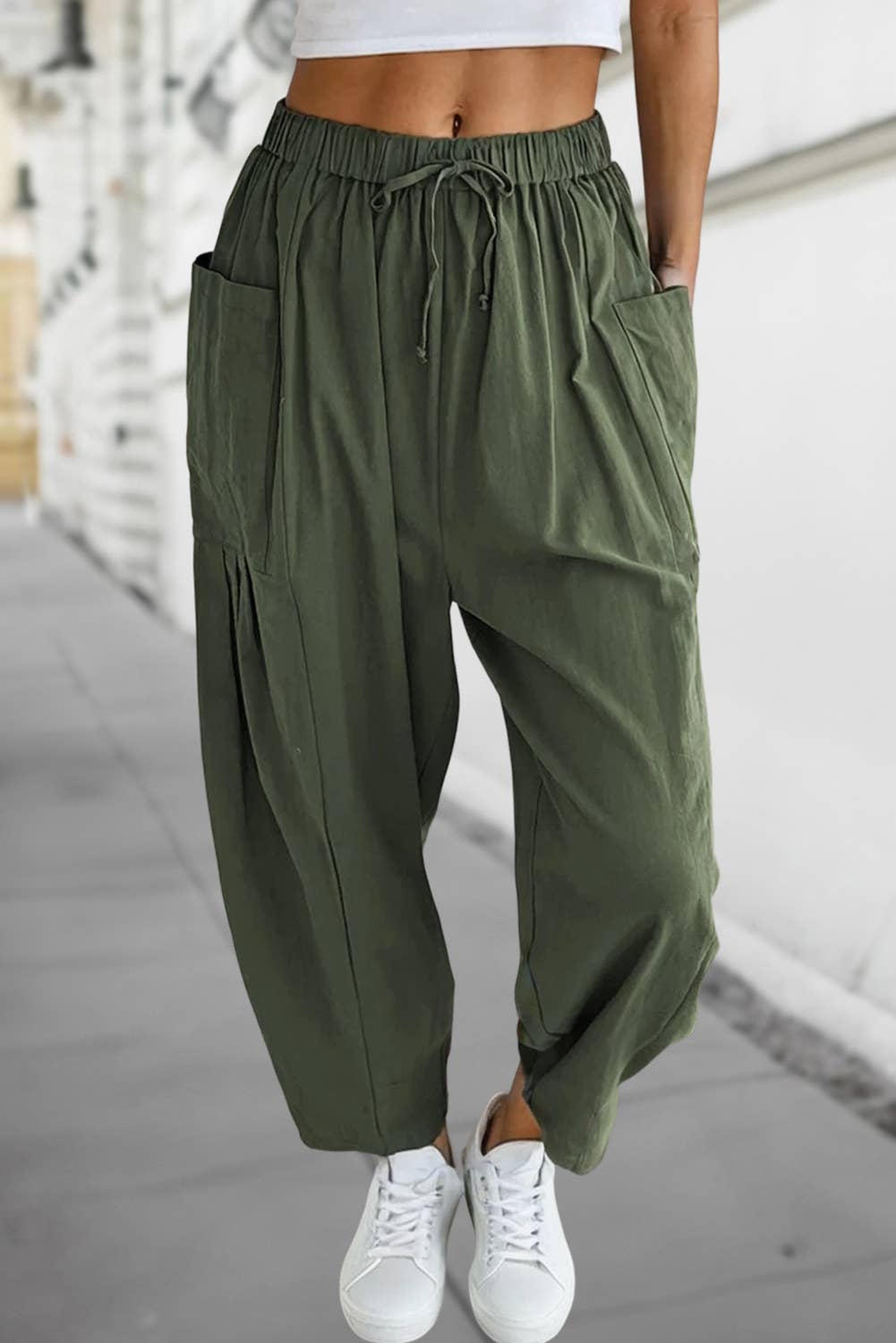Casual Elastic Waist Pocket Barrel Leg Pants, Feathered Farmhouse