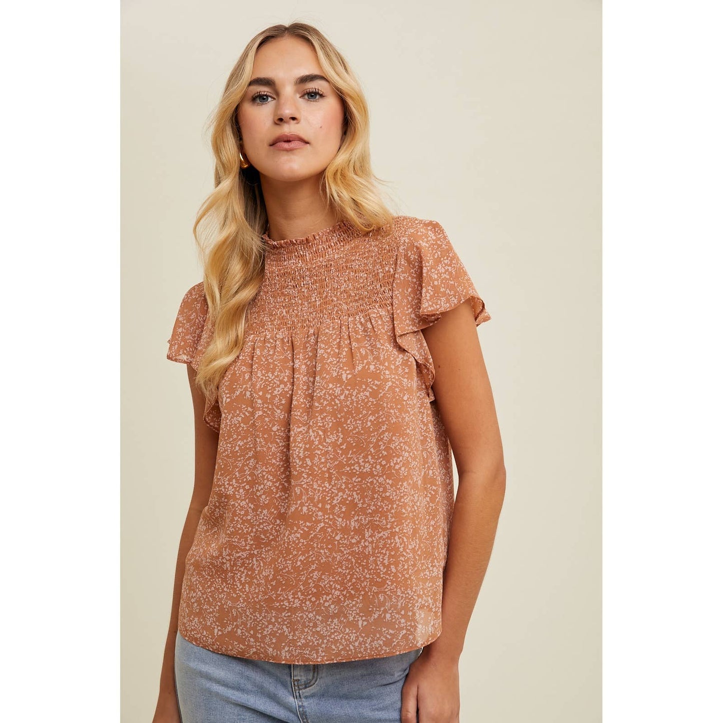 Floral Smocked Mock Neck Blouse, Feathered Farmhouse