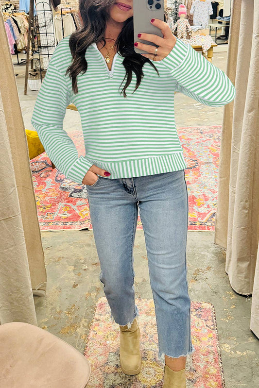 Stripe Quarter Zip Collar Long Sleeve Pullover Top, Feathered Farmhouse