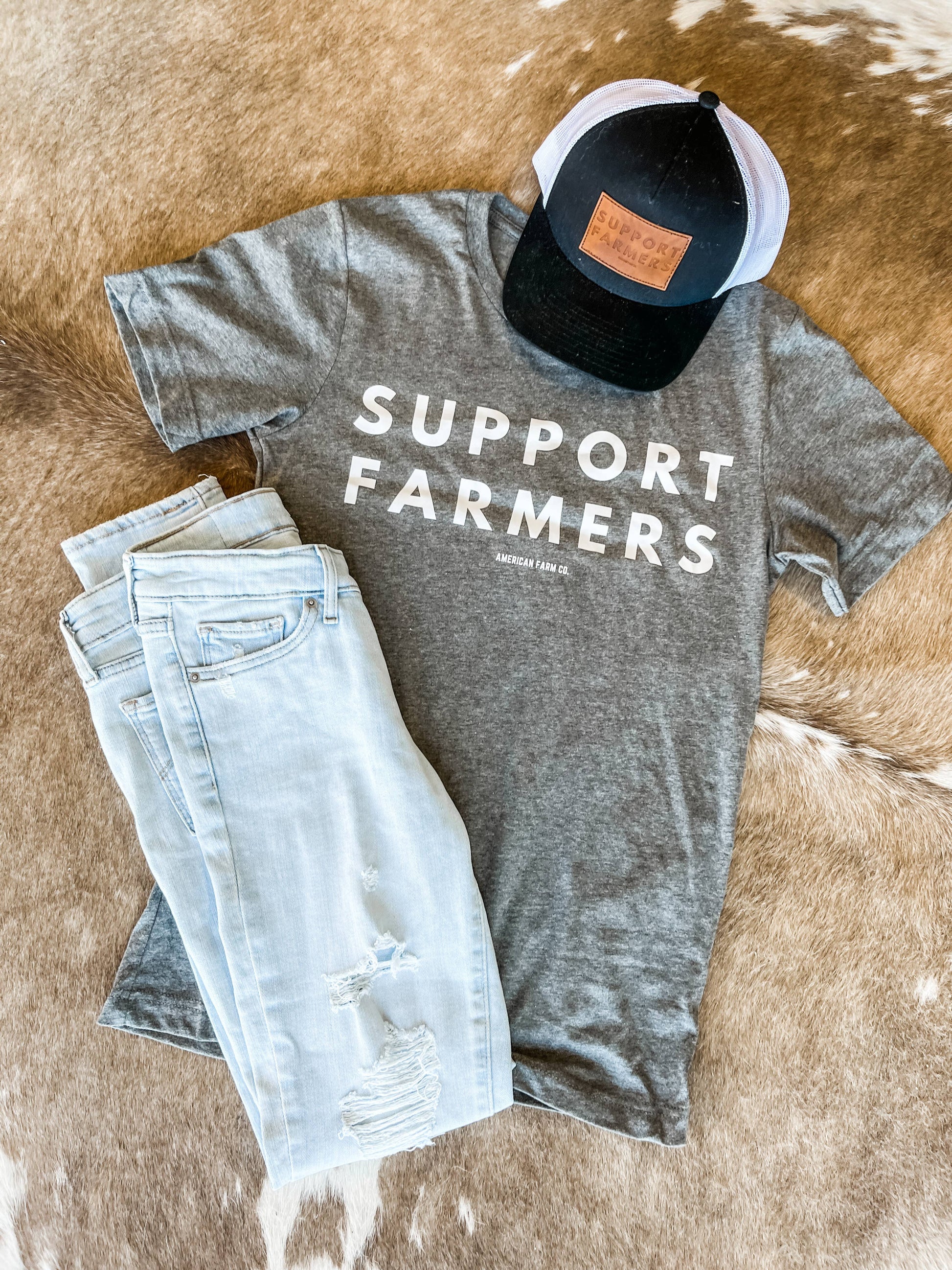 Western Support Farmers Grey Graphic Tee, Feathered Farmhouse
