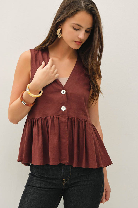 Airy Woven Linen Blend Peplum Top, Feathered Farmhouse