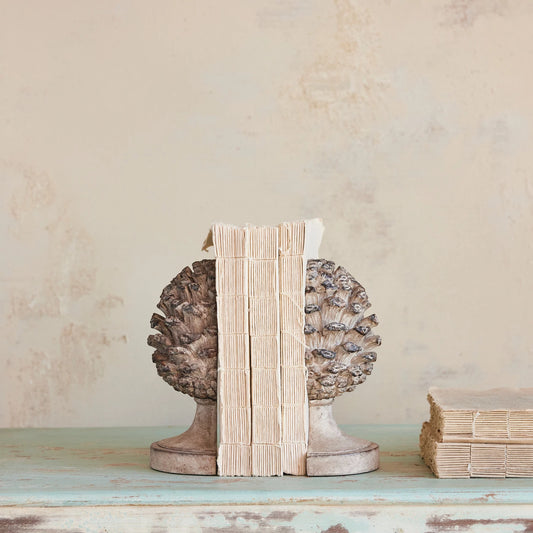 Resin Pinecone Shaped Finial Bookends, Feathered Farmhouse