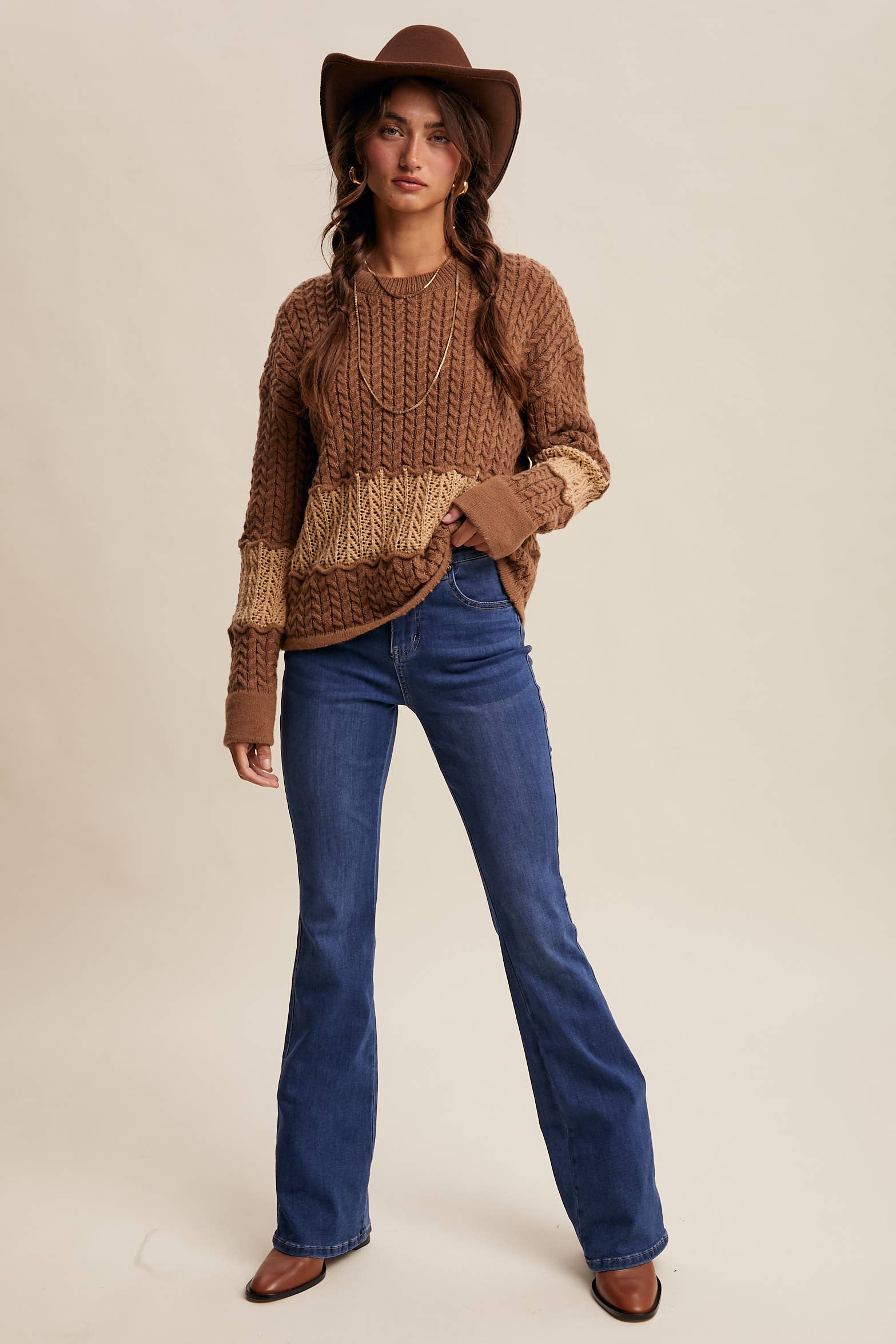 Colorblock Cable Knit Sweater, Feathered Farmhouse