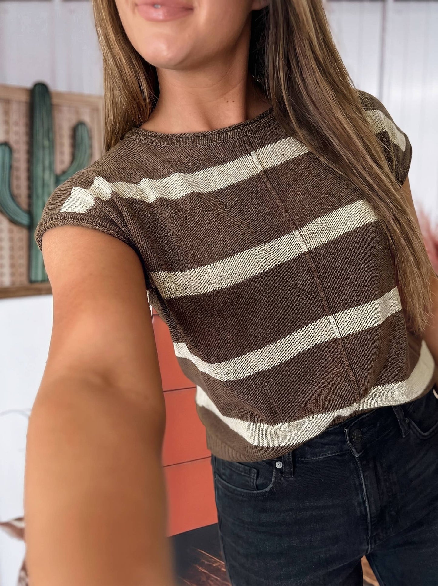 Raw Edge Crew Sweater Top, Feathered Farmhouse
