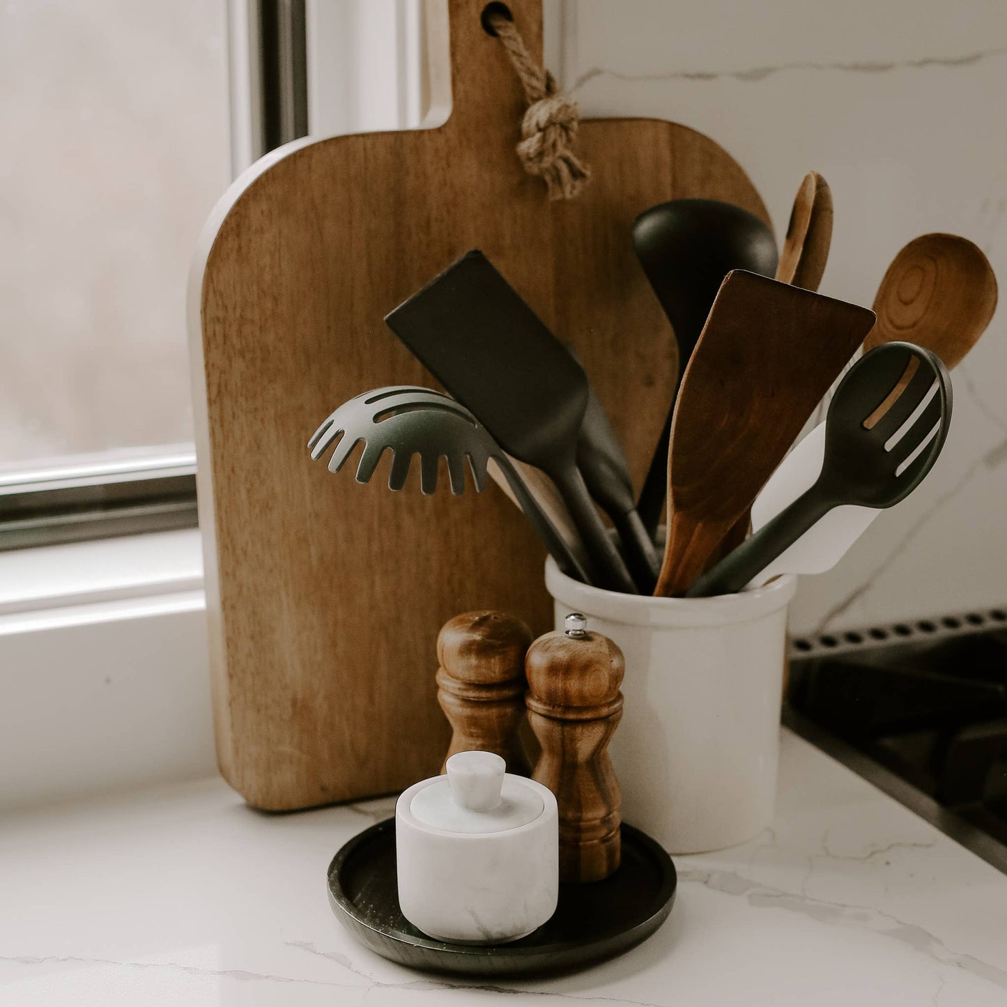 Black Round Wood Tray, Feathered Farmhouse