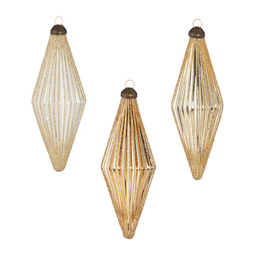 Glittered Diamond Ribbed Ornament, Feathered Farmhouse