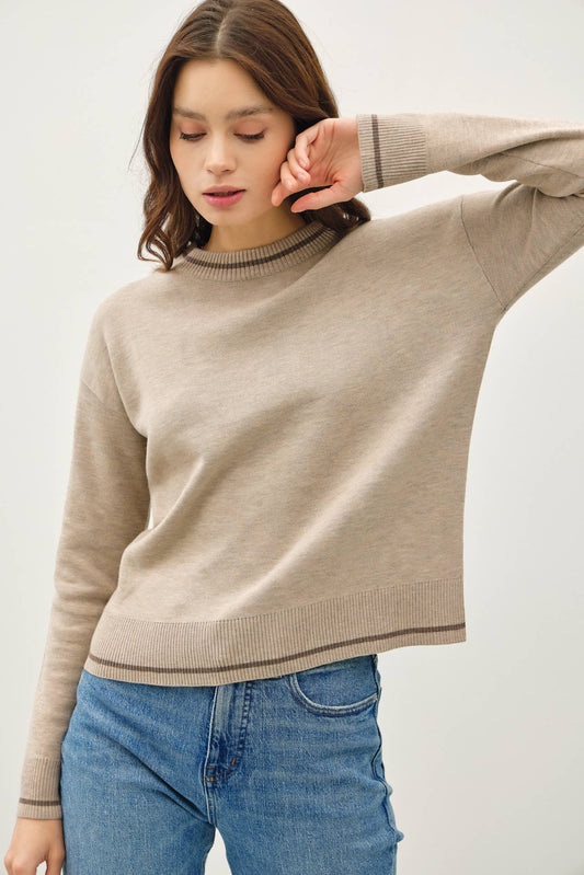 Crew Neck Sweater with Single Stripe, Feathered Farmhouse