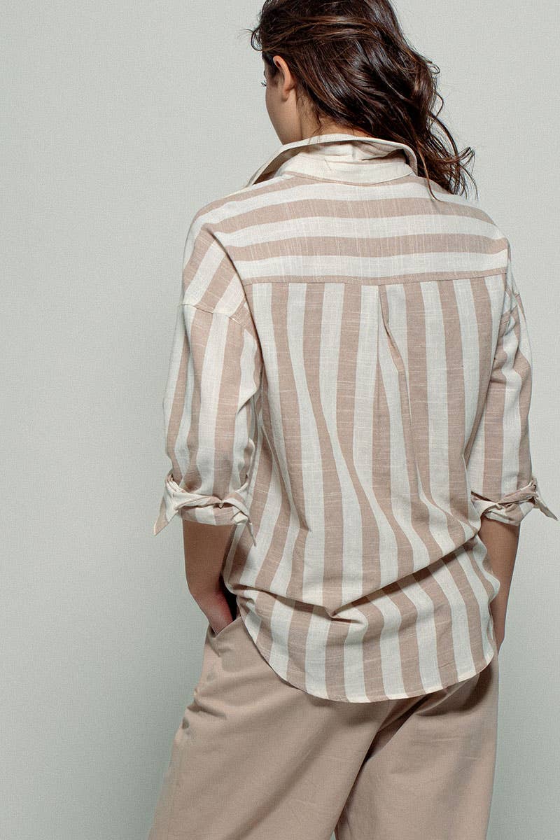 Taupe Striped Button Down Shirt, Feathered Farmhouse