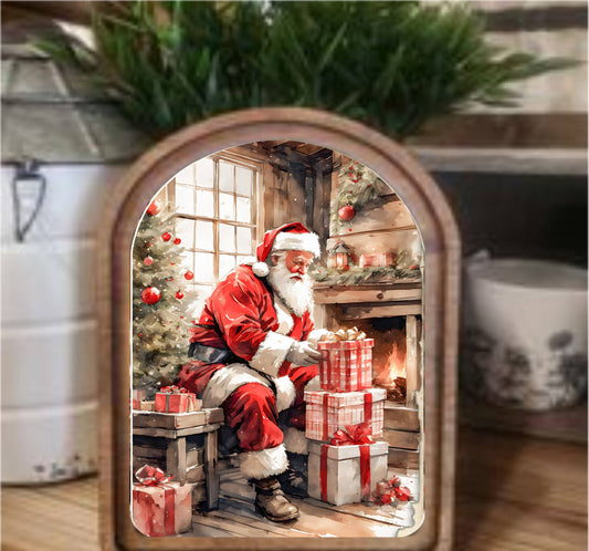 Santa With Gifts Arch Top, Feathered Farmhouse