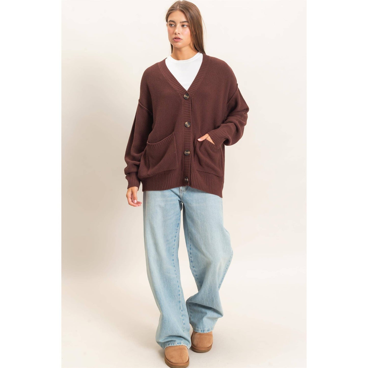 Textured Oversized Knit Buttoned Cardigan, Feathered Farmhouse