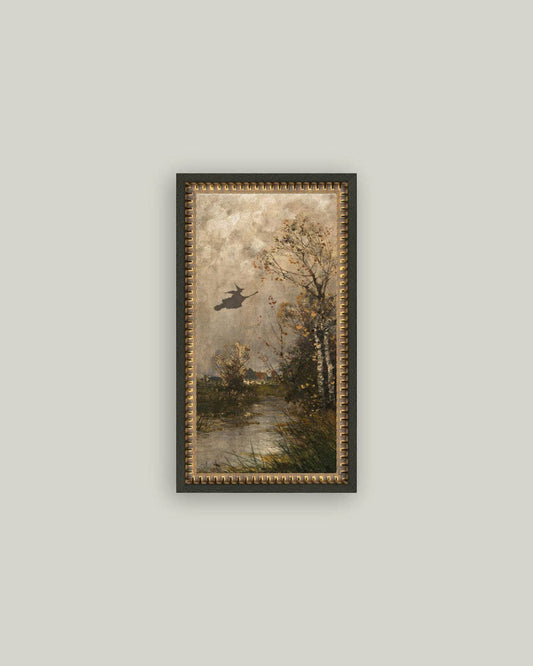 Flying Witch Landscape Framed Antique Art, Feathered Farmhouse