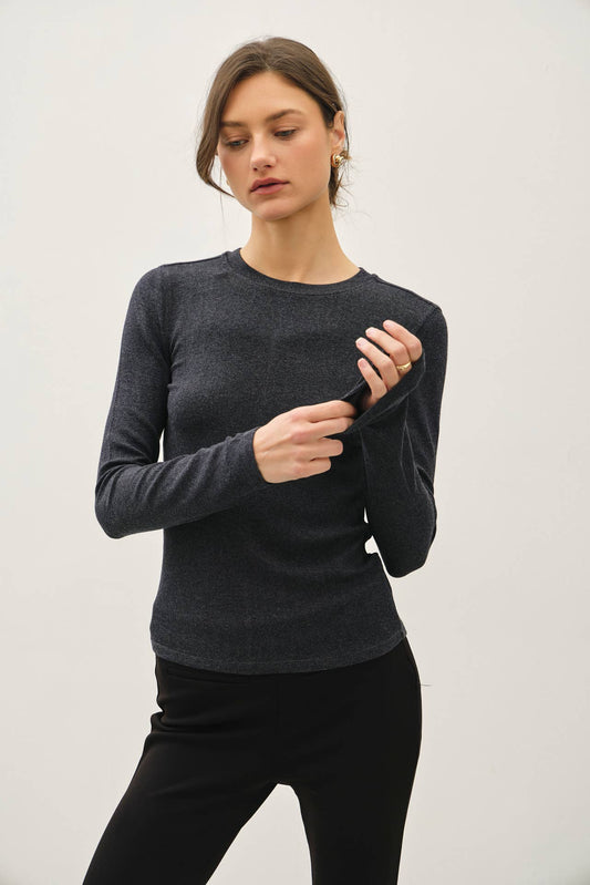 Ribbed Crewneck Long Sleeve Top, Feathered Farmhouse