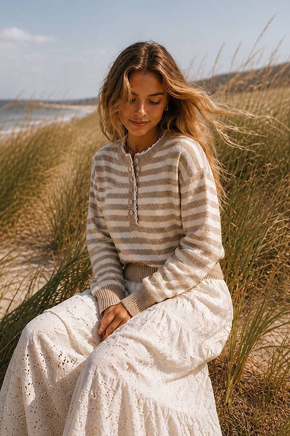 Sweet Stripe Henley Knit Sweater, Feathered Farmhouse