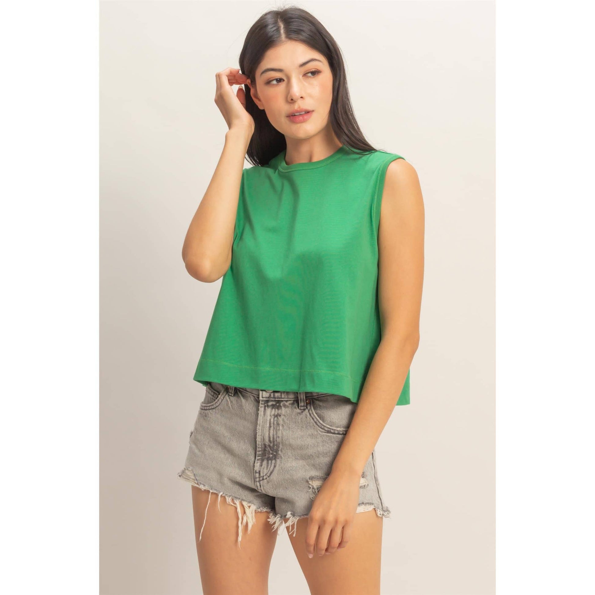 Green Sleeveless Top With Back Pleats, Feathered Farmhouse