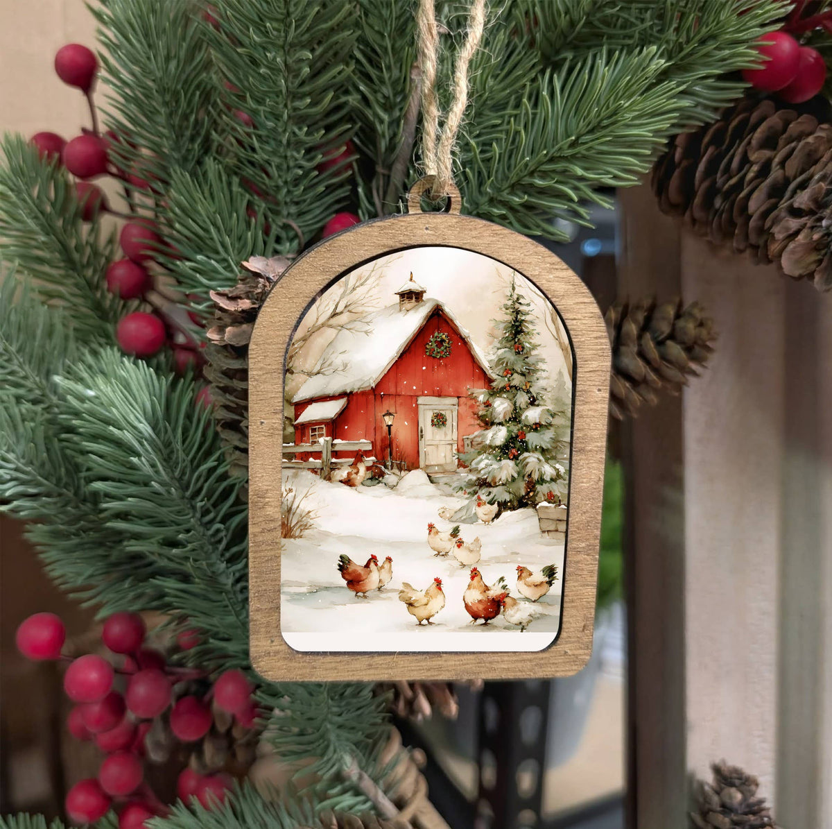Canvas Arch Ornament Cozy Christmas Chickens, Feathered Farmhouse