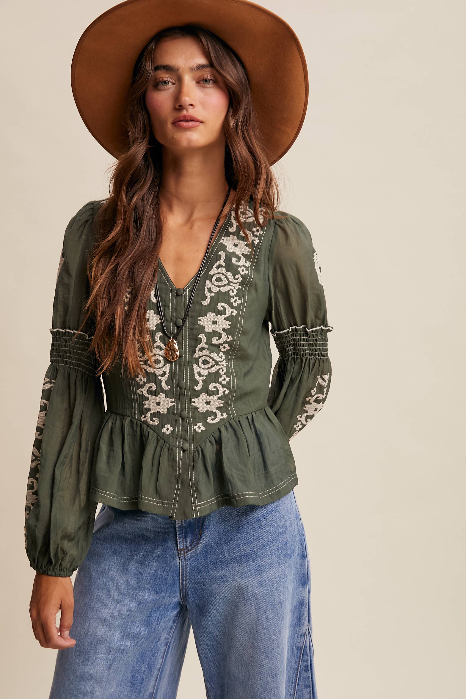 Embroidered Peplum Blouse, Feathered Farmhouse