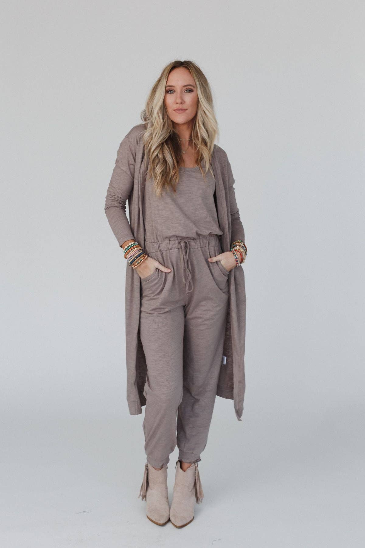 Set to Go Textured Jumpsuit And Cardigan Set, The Feathered Farmhouse