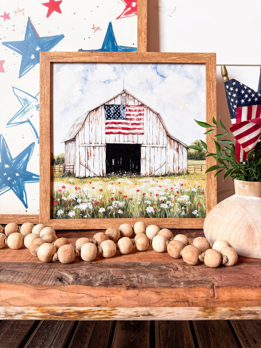 White Barn American Flag Art Print Wood Sign, Feathered Farmhouse